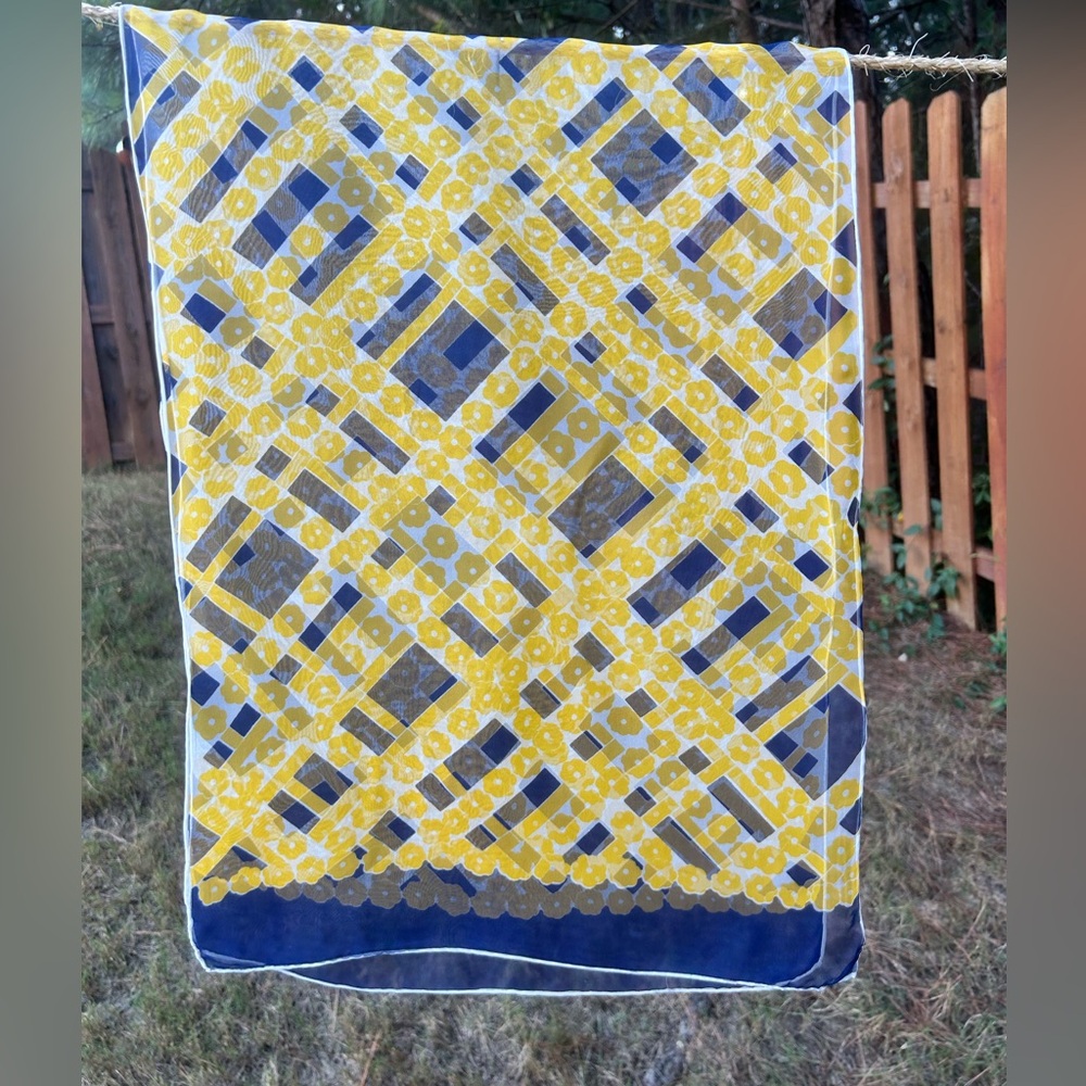 Stylish Yellow Blue Geometric chiffon blend oblong sheer Scarf bag tie